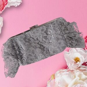 Bijoux Terner Elegant Gray Lace Floral Formal Evening Clutch With Acrylic Chain
